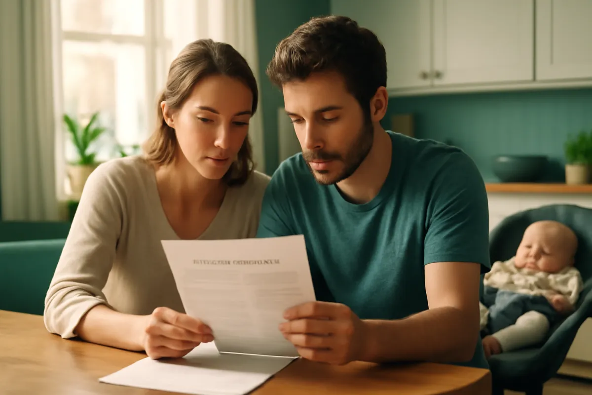 A young couple in their early thirties reviewing a life insurance policy at their kitchen table with a baby nearby