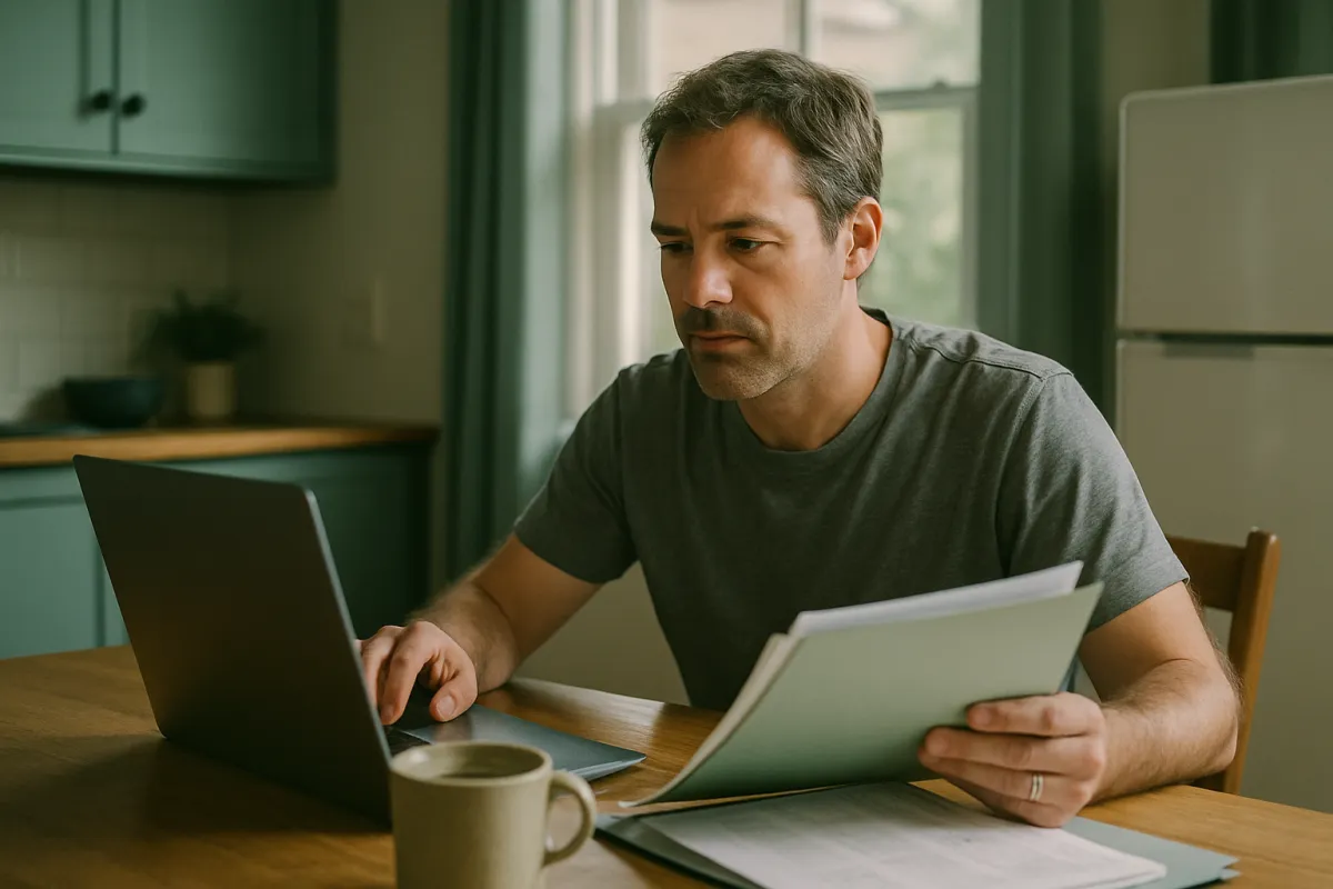 A man with graying hair sitting at a wooden kitchen table, one hand on a laptop trackpad and the other holding a sheaf of papers, in soft window light
