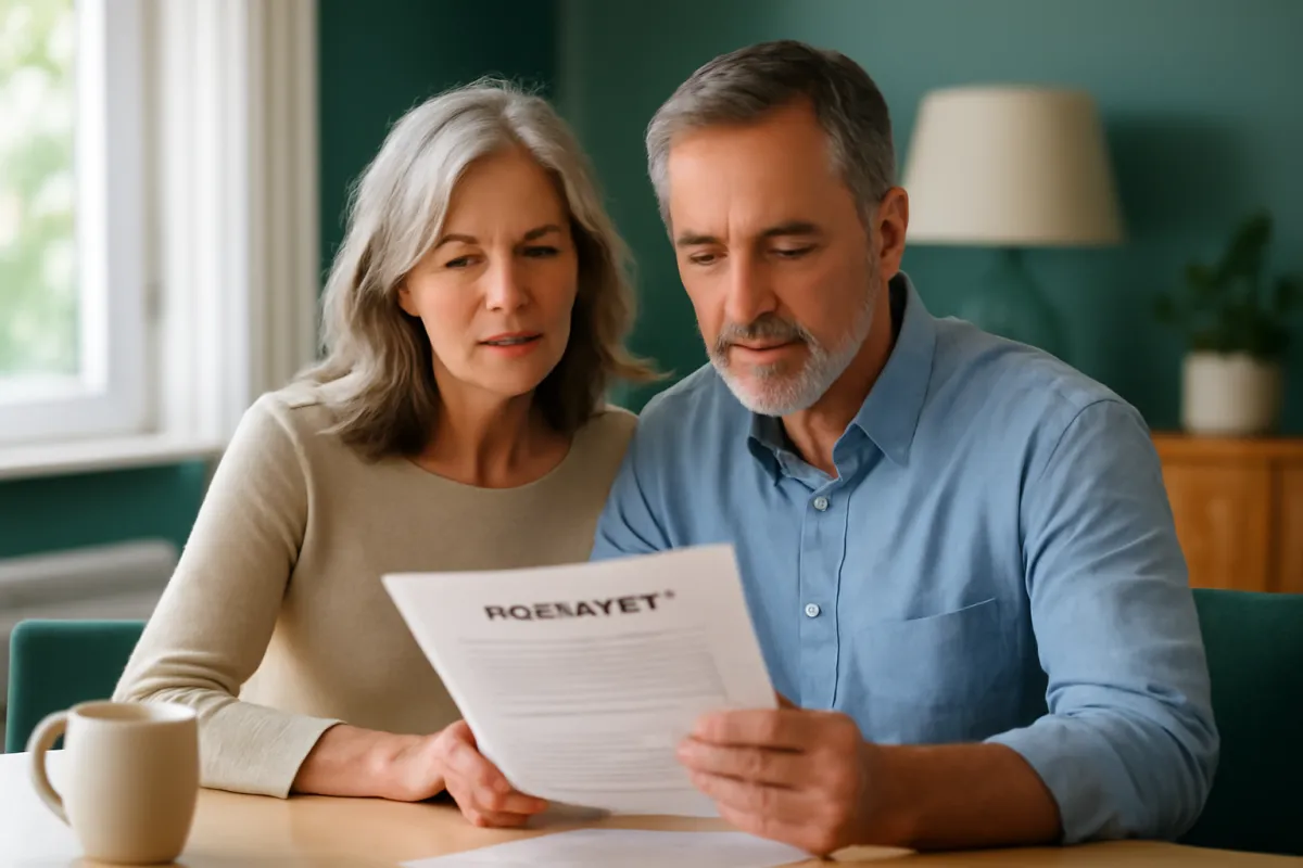 A healthy couple in their early fifties reviewing a life insurance policy together at their dining table in natural light
