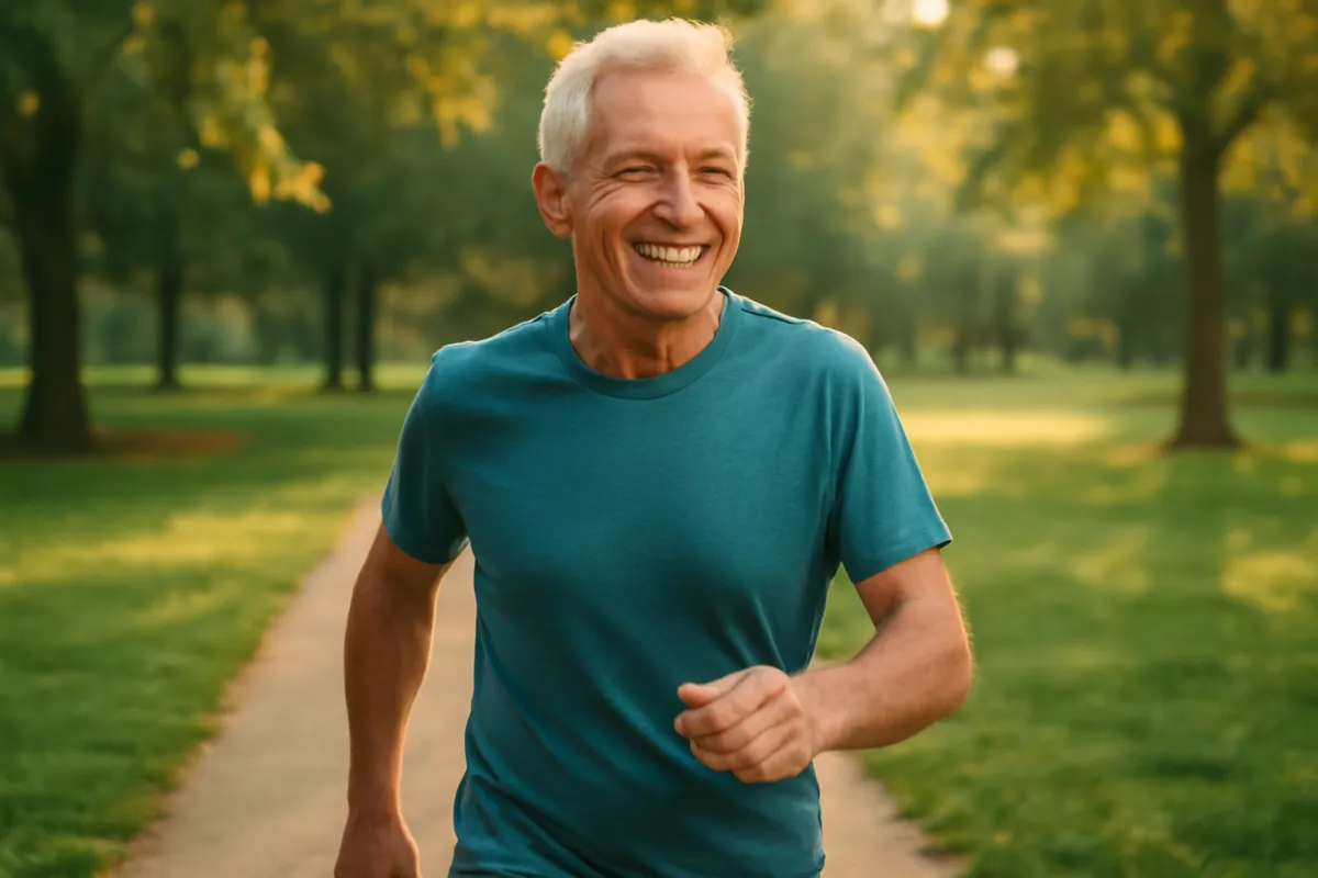 A healthy active man in his early sixties smiling outdoors on a morning walk in a green park in warm natural light