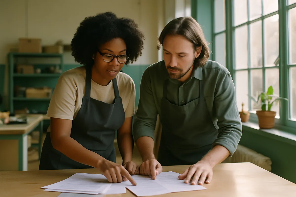 Two people in aprons standing at a wooden table in a bright workshop office, both pointing at loose printed pages