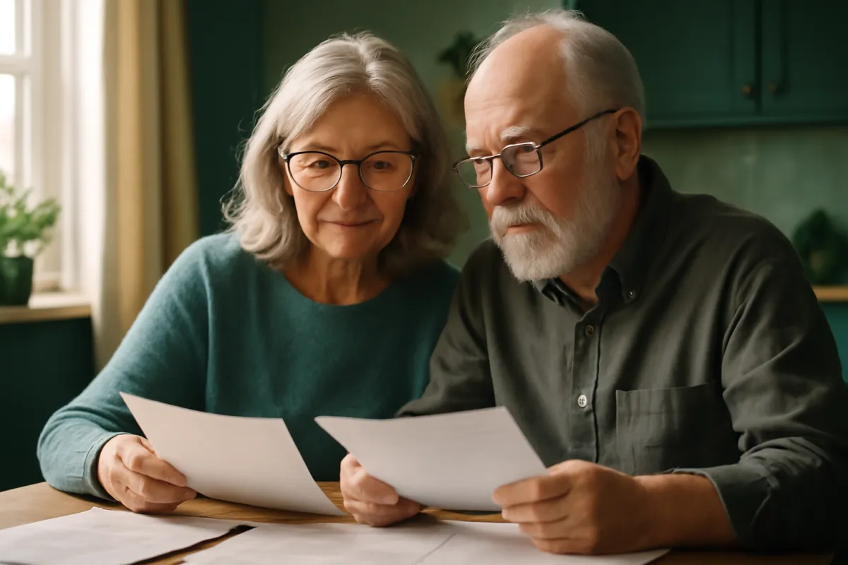 A senior couple in their late sixties reviewing paperwork together at a sunlit kitchen table