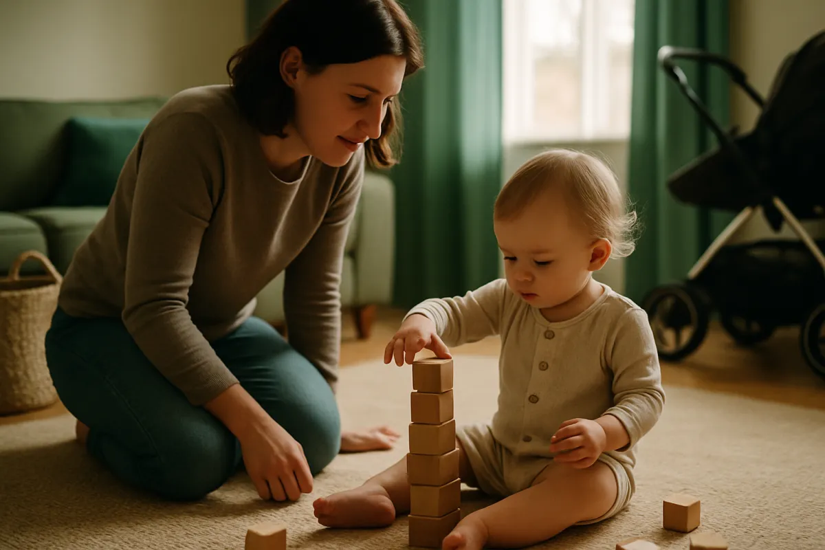 A parent kneeling on a living room rug beside a toddler stacking wooden blocks, with a stroller and a woven basket nearby in soft window light