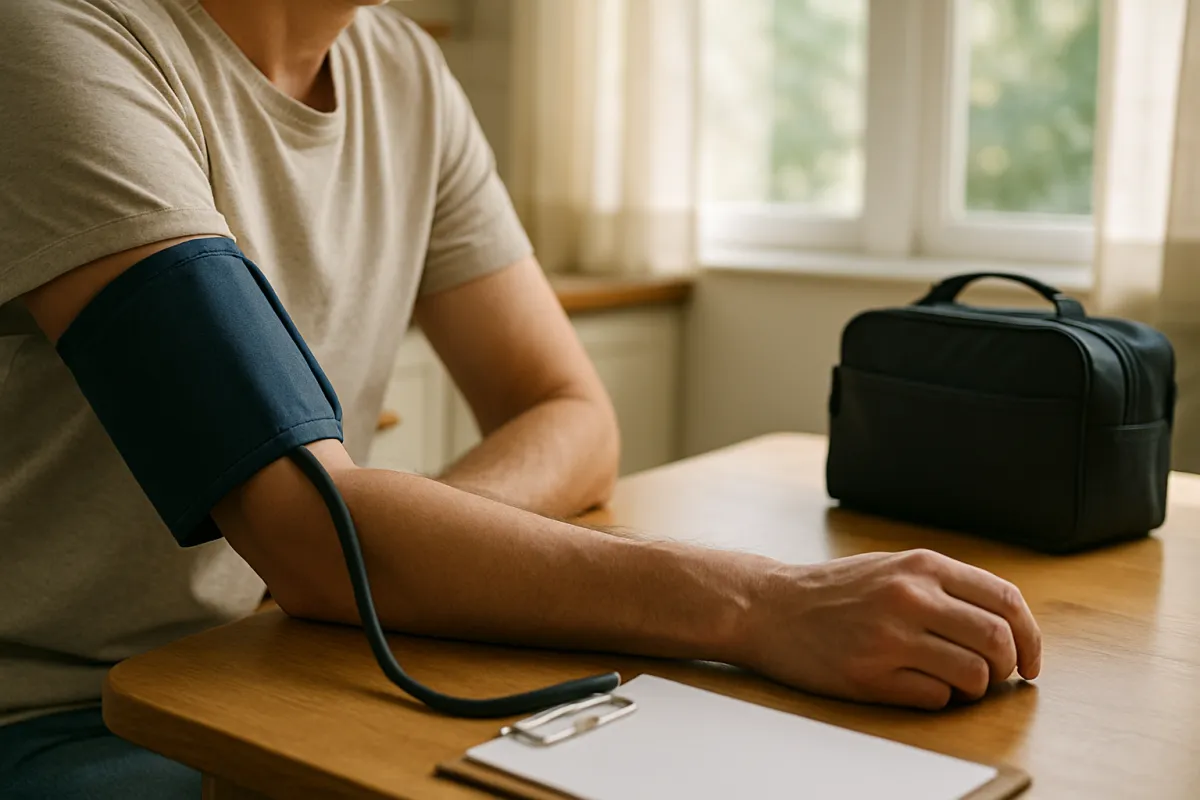 A seated person's upper arm wrapped in a navy blood pressure cuff at a sunlit wooden table, with a black case and a blank clipboard nearby