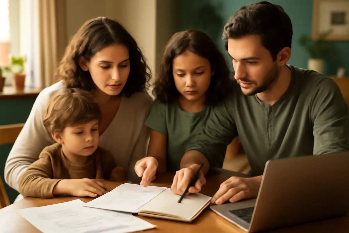A young family of four reviewing household finances together at their dining table to size a life insurance policy