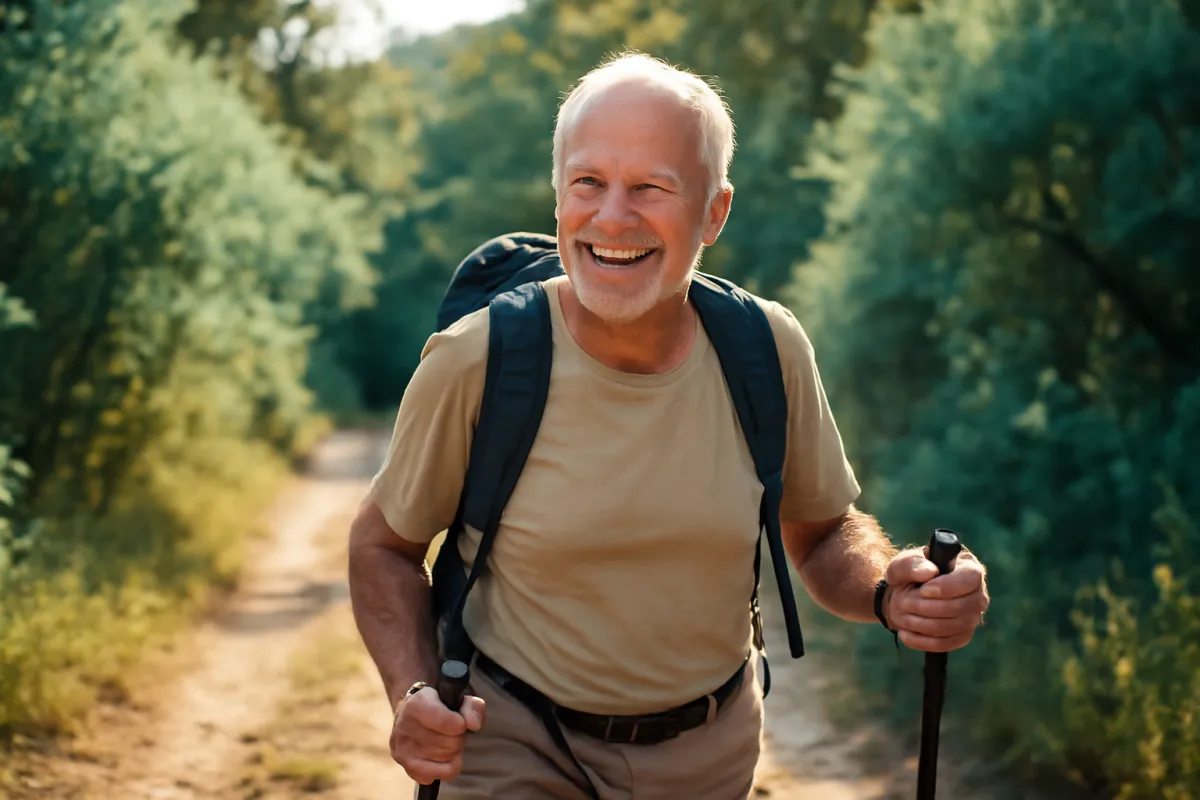 A healthy active senior man in his late sixties smiling outdoors while hiking on a sunlit trail in warm natural light