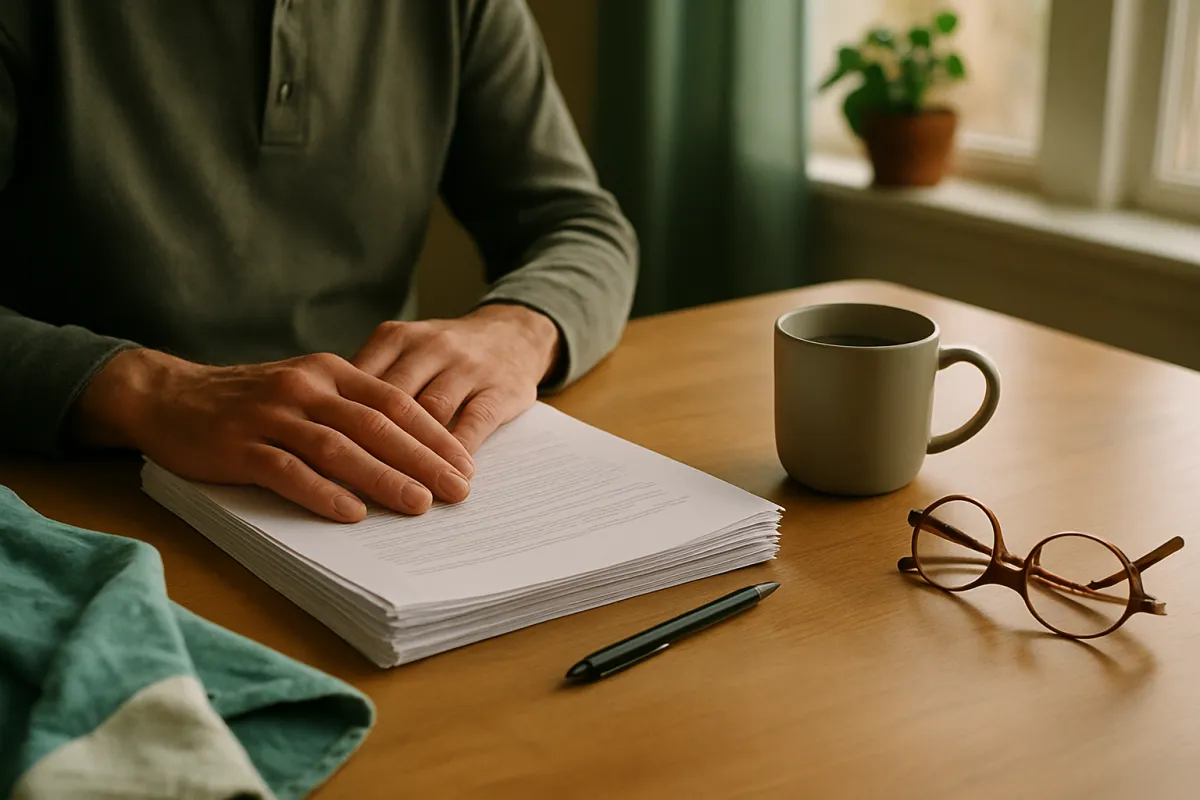 A person seated at a wooden table with one hand resting on a thick stack of printed pages, a pen, reading glasses and a mug beside them