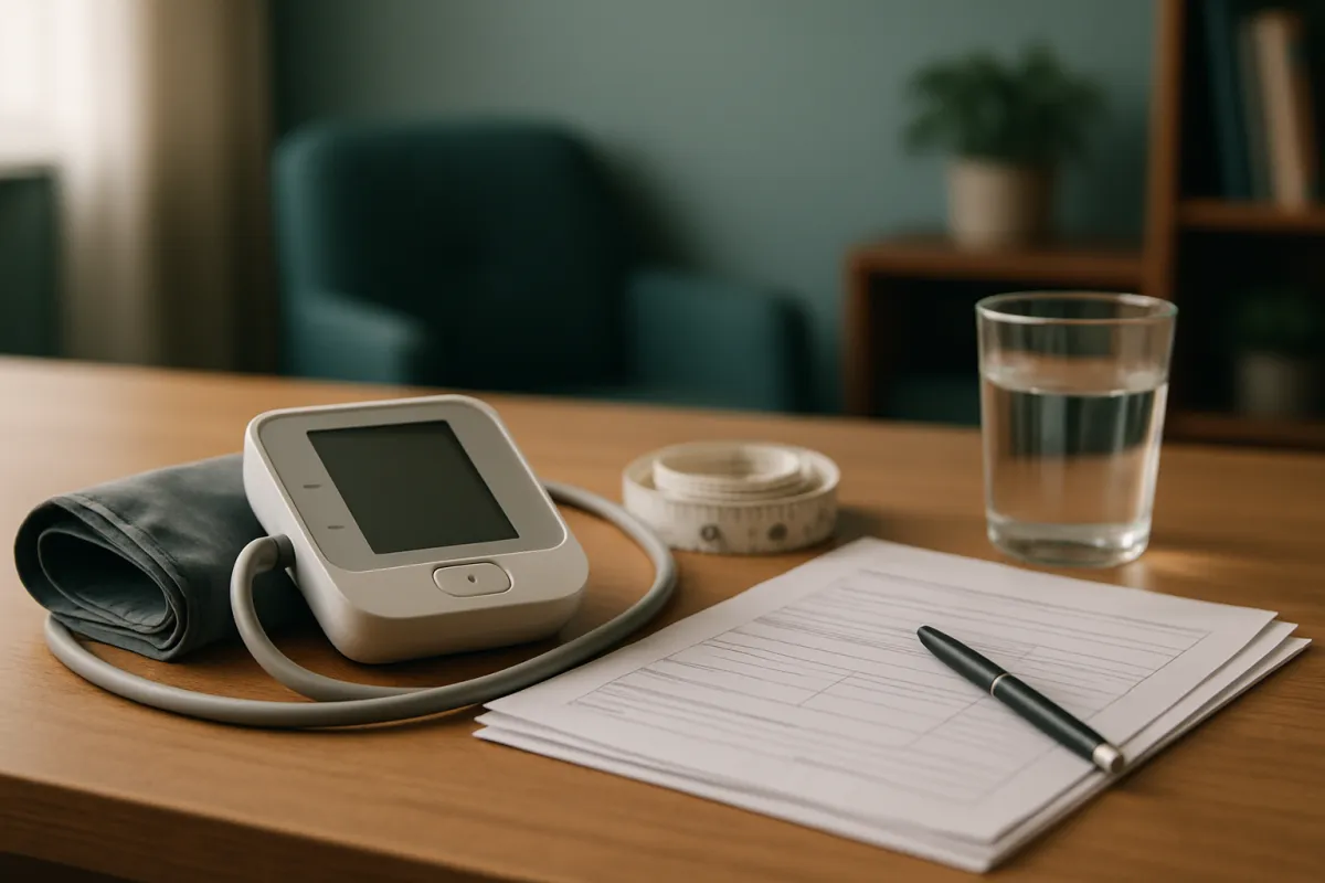 A blood pressure monitor with a folded grey cuff, a rolled cloth tape measure, a glass of water and a stack of blank forms with a pen on a light wooden table