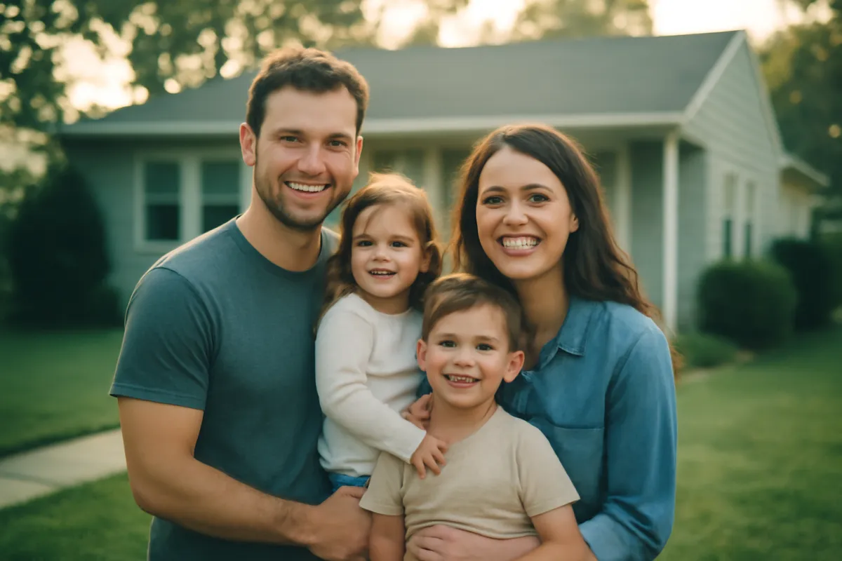 A young family of four standing together in front of their suburban family home