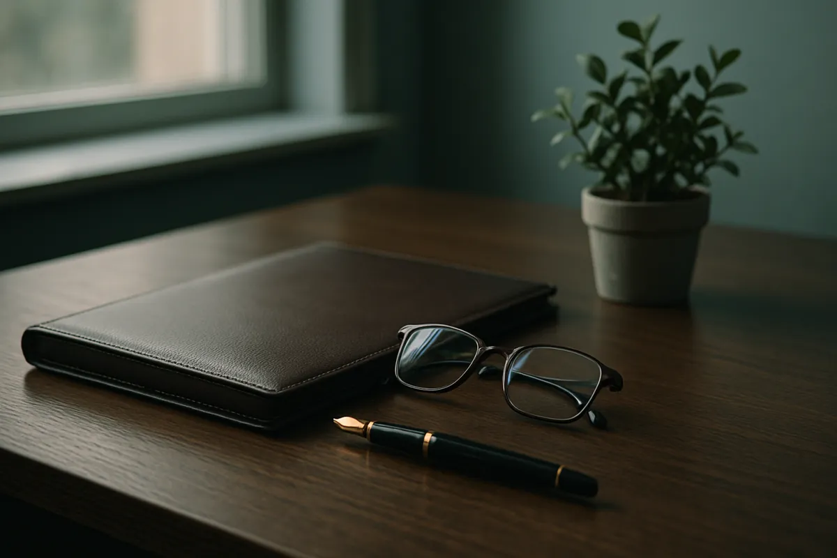 A closed dark leather document folder, a pair of glasses and a fountain pen on a dark wood desk beside a small potted plant, lit by a window
