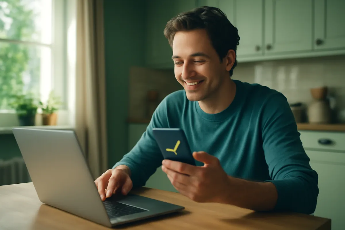A relaxed person approving a life insurance application on a phone and laptop at a sunlit kitchen table