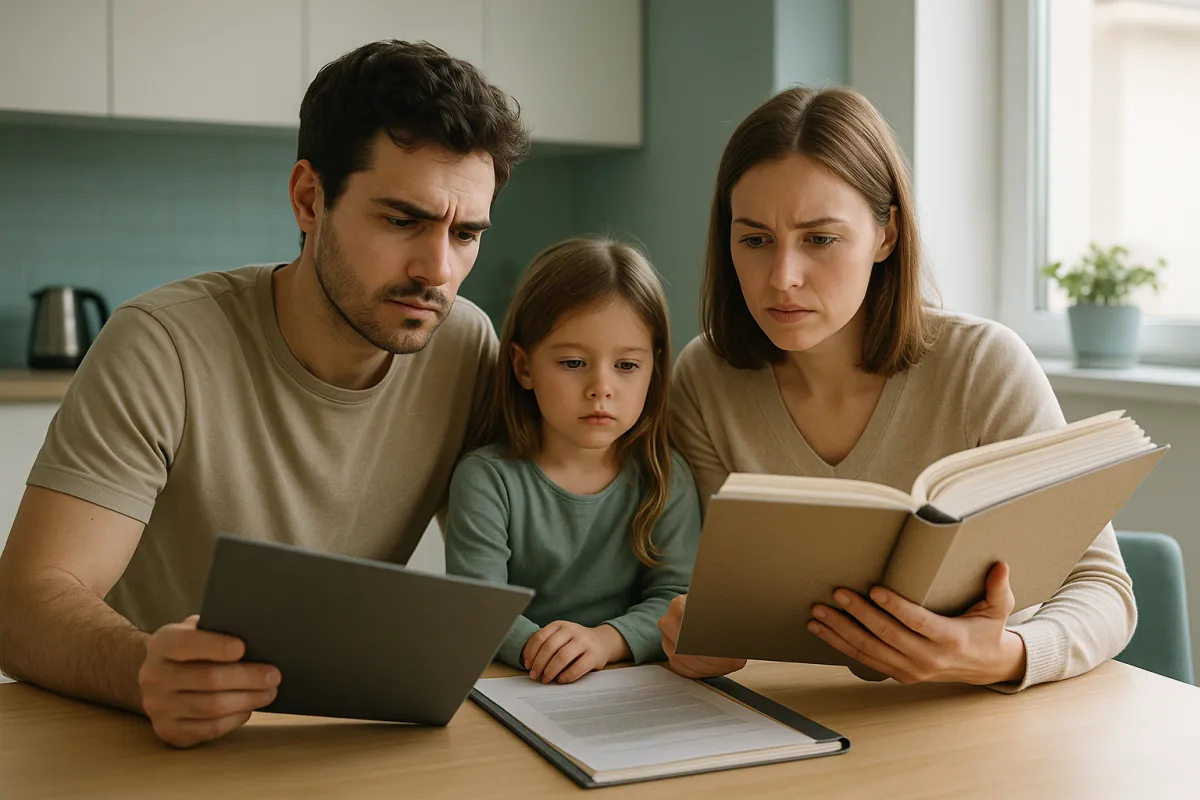 A young family at a kitchen table comparing two document folders side by side