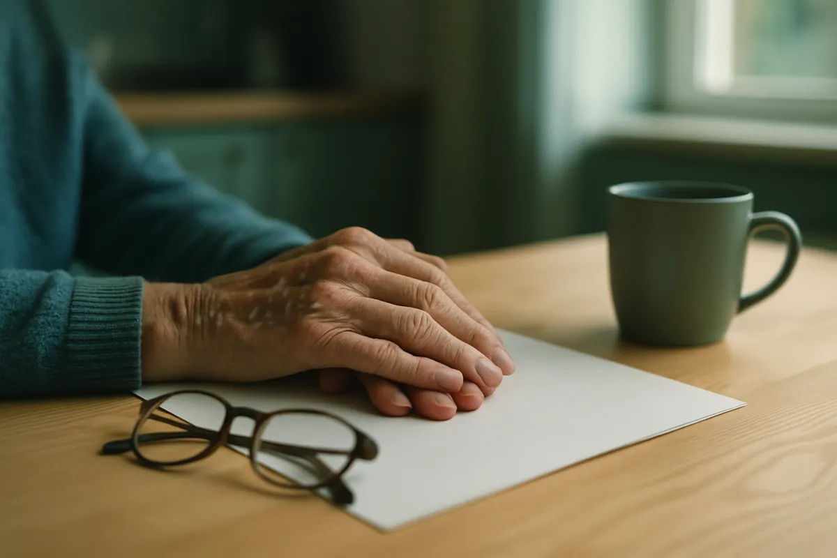 Older hands resting on a blank sheet of paper on a wooden table, with reading glasses in front and a green mug to one side, lit by a nearby window