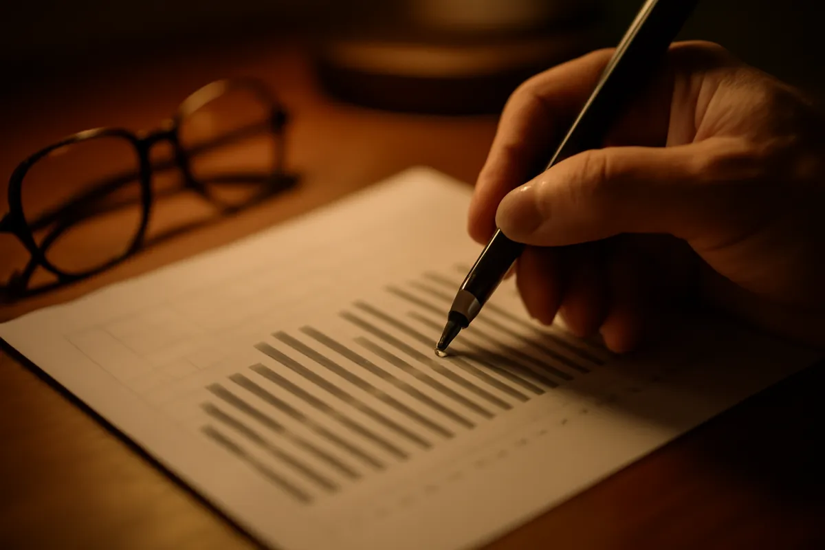 A hand holding a pen pointed at a column of figures on a printed financial table, with a pair of reading glasses resting on the desk nearby