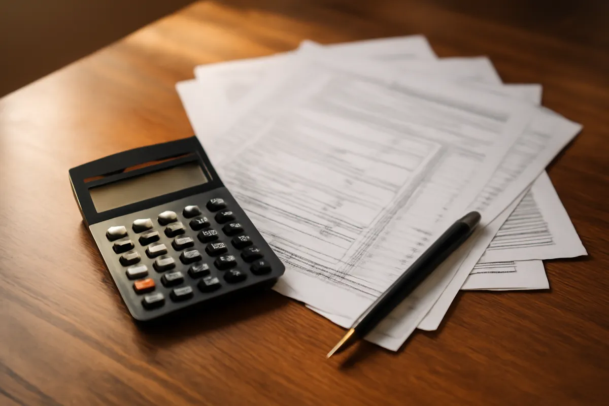A calculator resting beside a stack of printed financial documents and a pen on a wooden desk