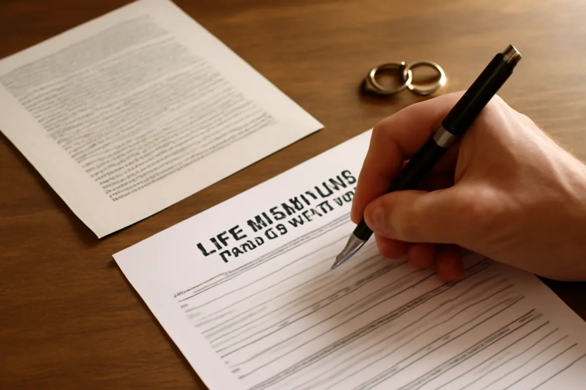 A hand filling out a life insurance beneficiary change form with a pen on a wooden desk, a legal document and two wedding rings resting nearby, representing updating a life insurance beneficiary after a divorce