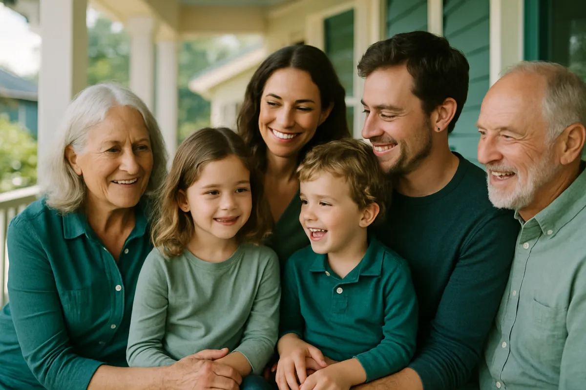 Six people spanning three generations sitting close together on a porch, smiling