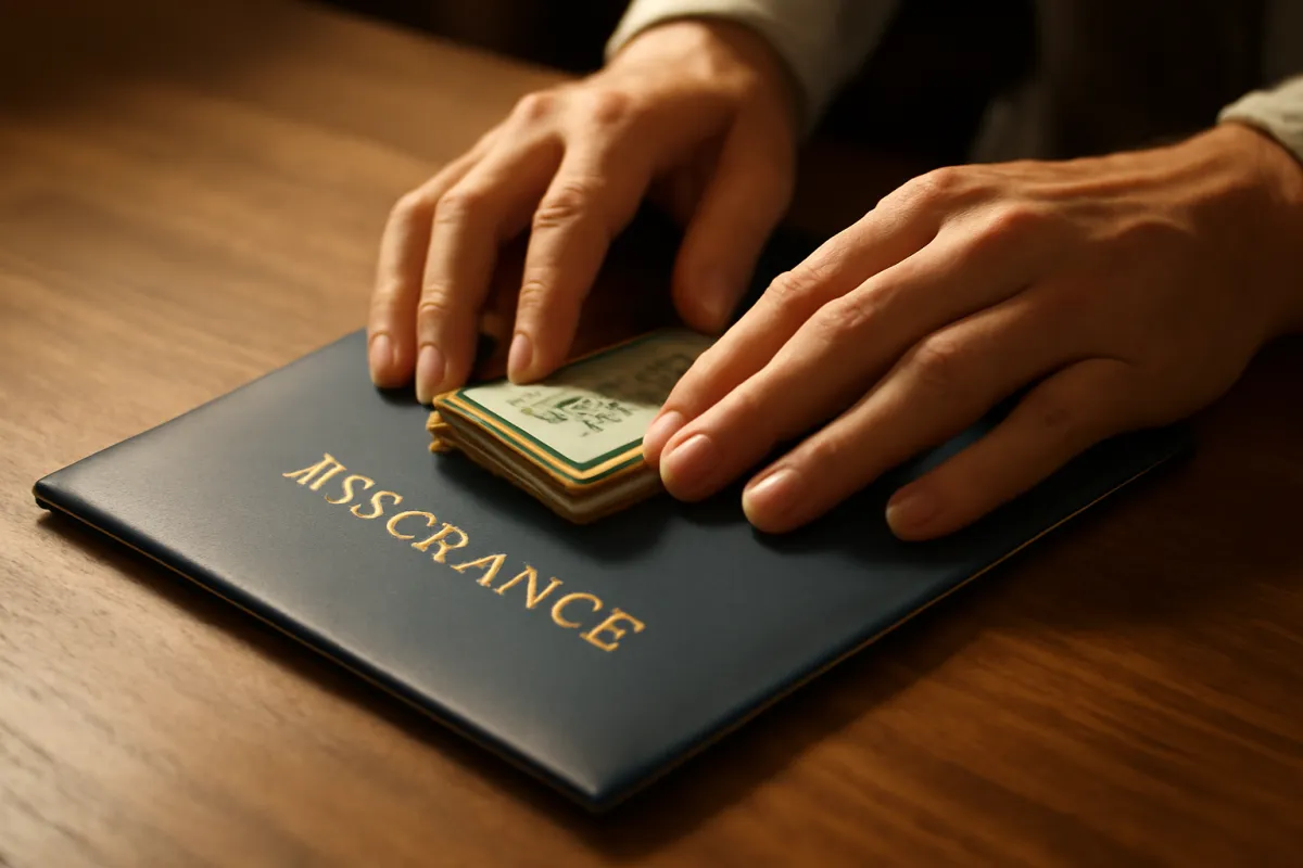 Two hands placing a small stack of folded bills onto a closed navy blue insurance policy folder on a wooden desk, representing a dividend payment from a participating whole life policy