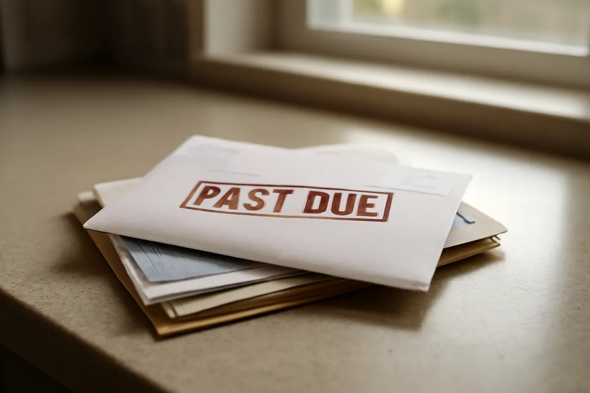 A red PAST DUE stamped envelope lying unopened on top of a small stack of ordinary mail on a kitchen counter, representing a missed life insurance premium notice that went unnoticed before a lapse
