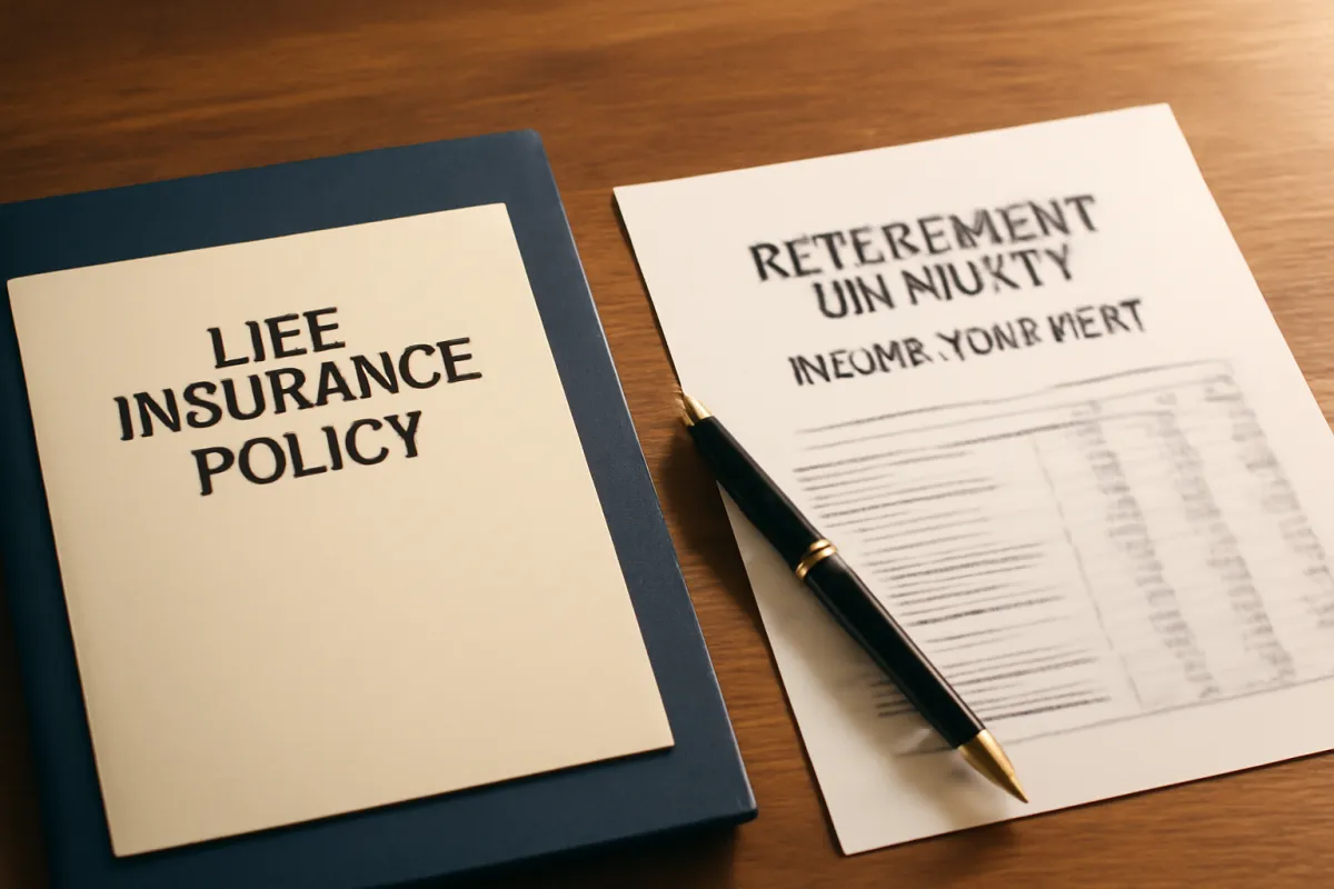 Two documents side by side on a wooden desk, a life insurance policy folder on the left and a retirement income statement on the right, with a pen resting between them, representing comparing life insurance protection against retirement annuity income