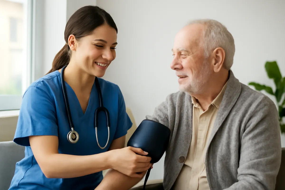 A nurse in blue scrubs with a stethoscope checking the blood pressure of a smiling older man in a gray cardigan, in a bright room with a potted plant by the window