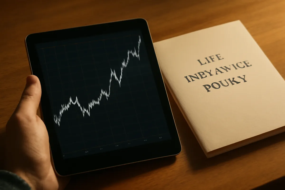 A hand holding a tablet displaying a volatile rising stock market line graph, resting beside a closed life insurance policy document on a wooden desk, representing the market-invested cash value of a variable universal life policy