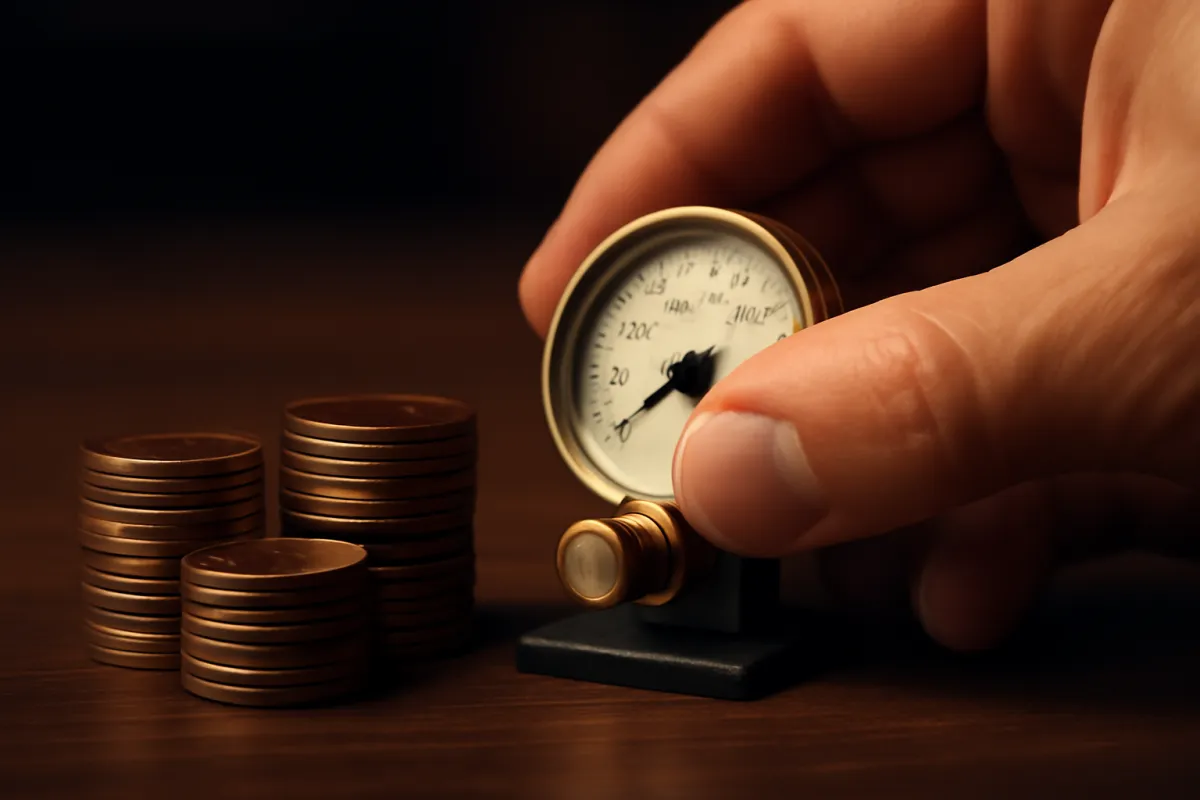 A hand adjusting a brass dial on a small analog gauge beside three stacks of coins on a dark wooden desk, representing the adjustable, flexible premiums of a universal life insurance policy
